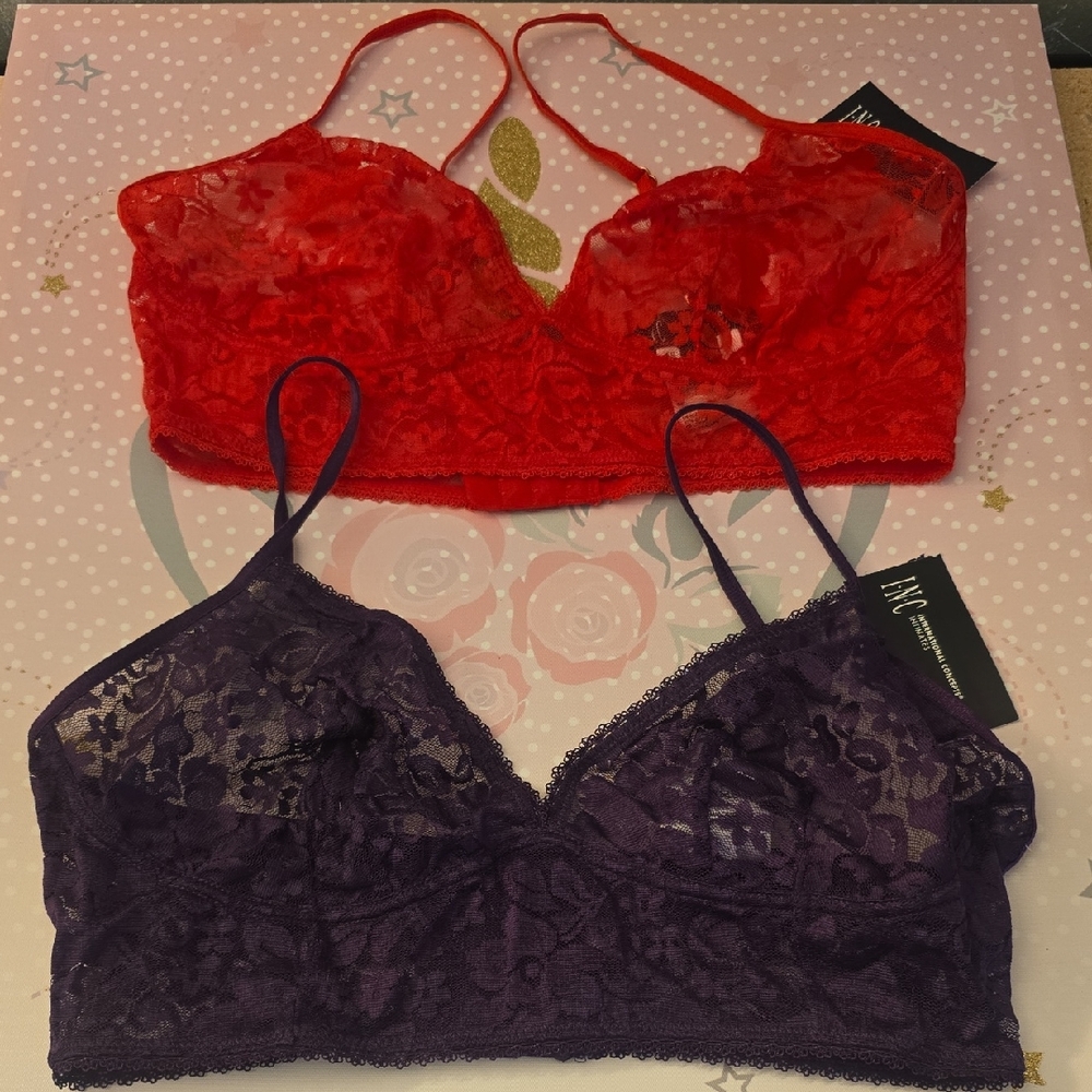2 International Concepts Intimates Lace Bralettes Red & Purple Medium NWT